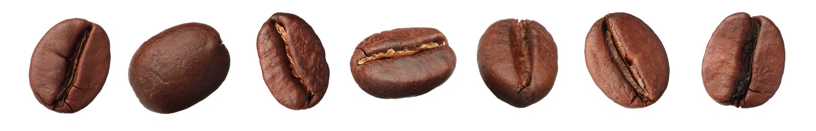 Image of Set with aromatic roasted coffee beans on white background. Banner design