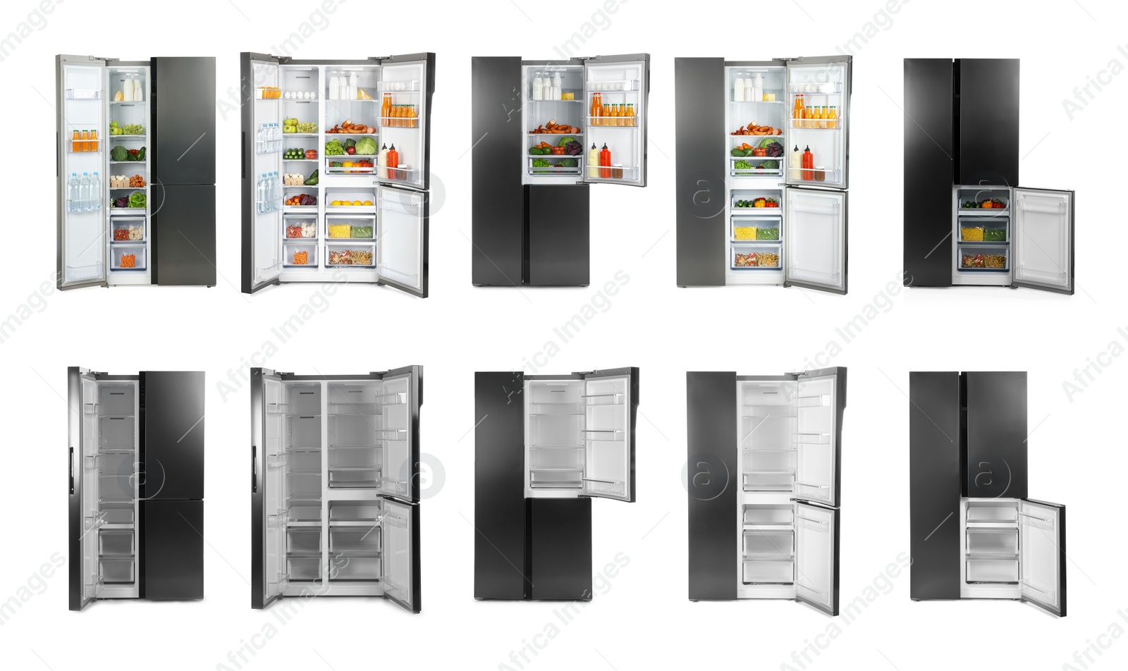 Image of Collage of modern refrigerators on white background