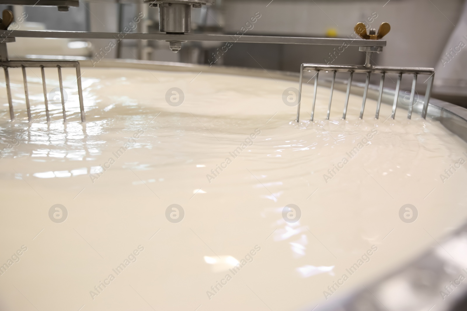 Photo of Milk in curd preparation tank at cheese factory, closeup