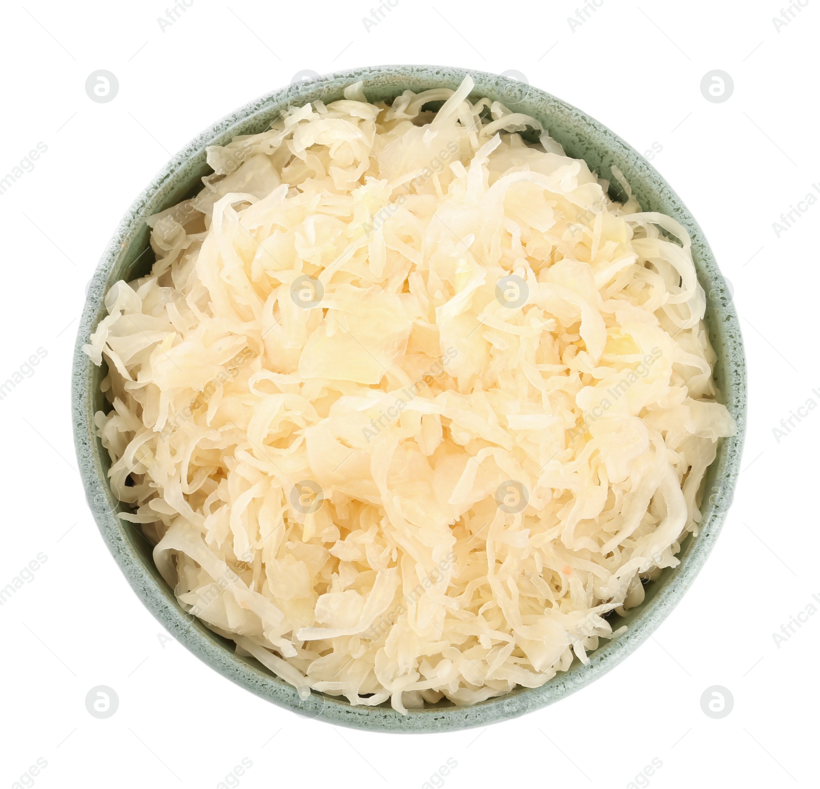 Photo of Bowl of tasty sauerkraut on white background, top view