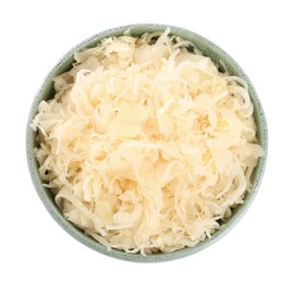 Bowl of tasty sauerkraut on white background, top view