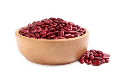 Photo of Raw red kidney beans and wooden bowl isolated on white