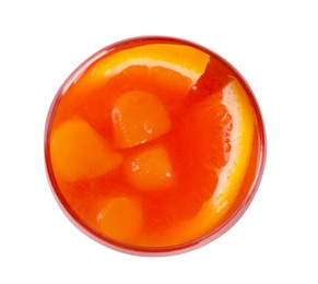 Photo of Aperol spritz cocktail and orange slices in glass isolated on white, top view