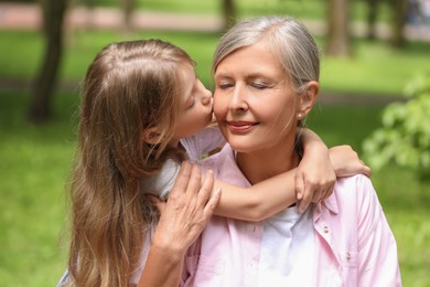 Happy grandmother with her granddaughter spending time together in park