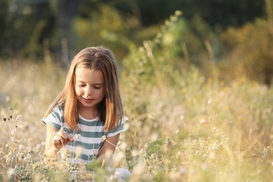 Photo of Cute little girl outdoors on sunny day. Child spending time in nature
