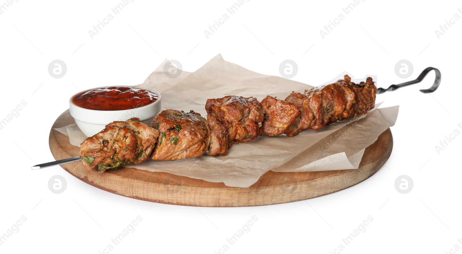 Photo of Metal skewer with delicious meat and ketchup on white background