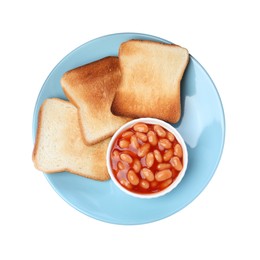 Photo of Delicious toasts and baked beans on white background, top view