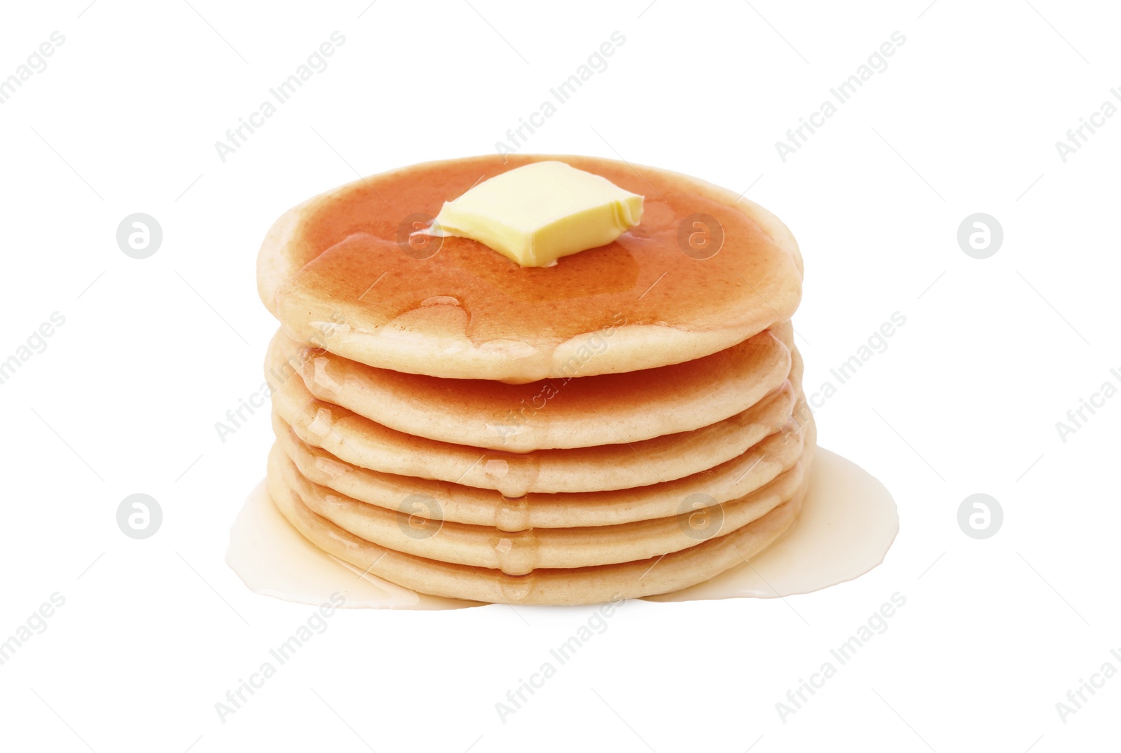 Photo of Delicious pancakes with honey and butter isolated on white