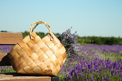 Wicker bag with beautiful lavender flowers on wooden bench in field, space for text