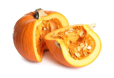 Photo of Cut ripe orange pumpkin on white background
