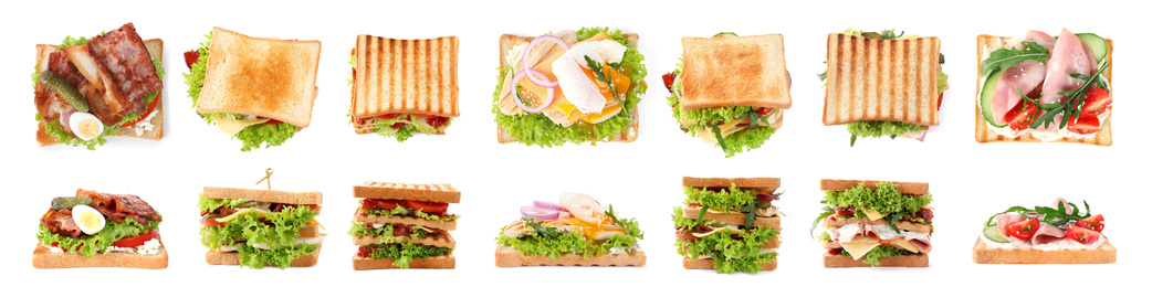 Image of Set of toasted bread with different toppings on white background, banner design 