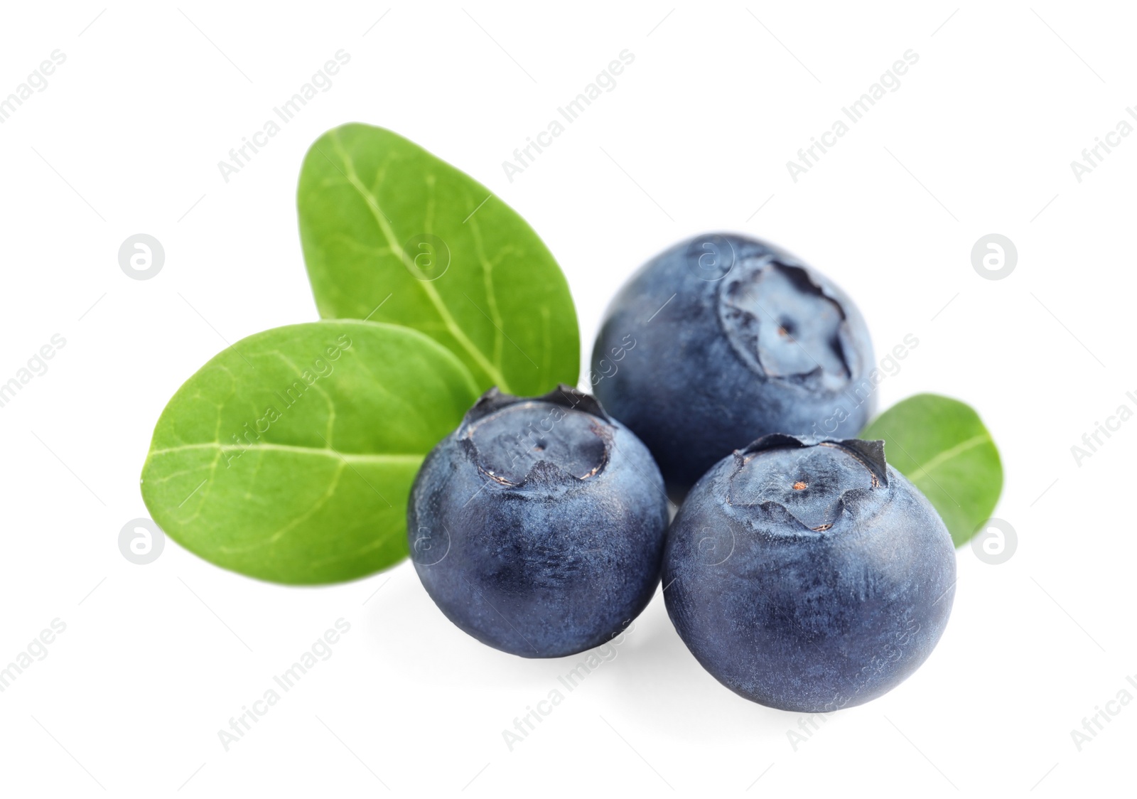 Photo of Fresh raw tasty blueberries with leaves isolated on white