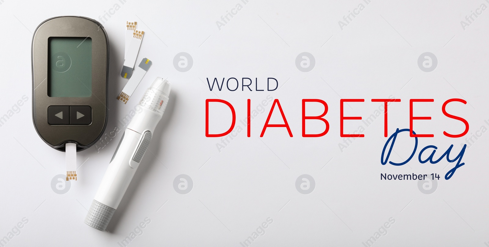 Image of World Diabetes Day. Digital glucometer, lancet pen and test strips on white background, flat lay. Banner design