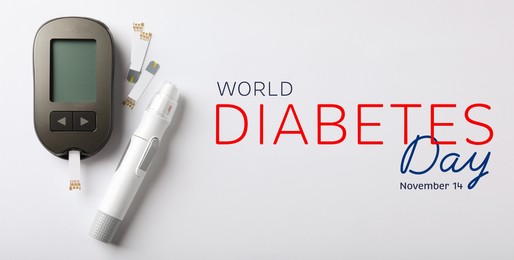 Image of World Diabetes Day. Digital glucometer, lancet pen and test strips on white background, flat lay. Banner design