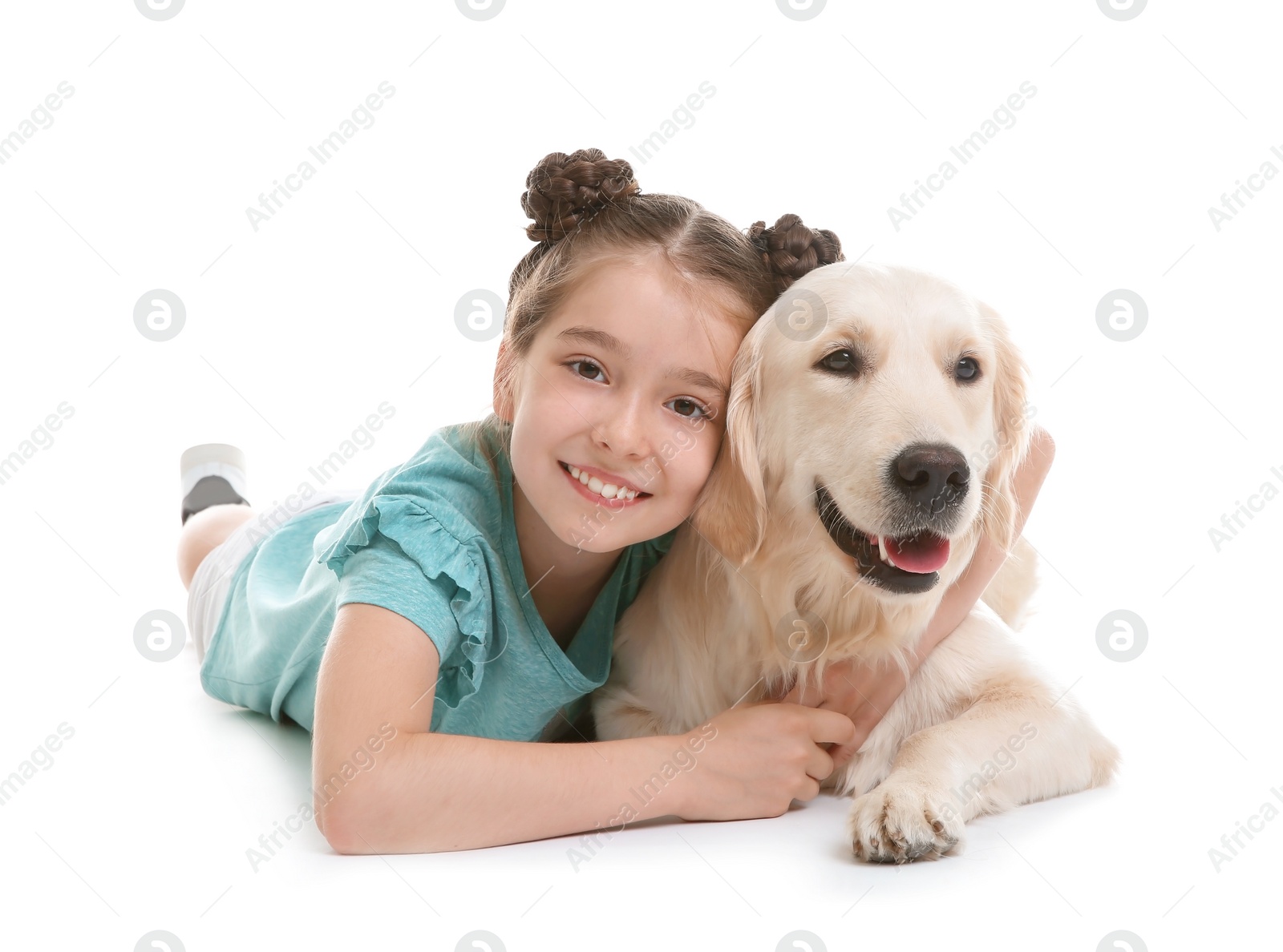 Photo of Cute little child with her pet on white background