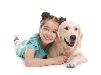 Cute little child with her pet on white background