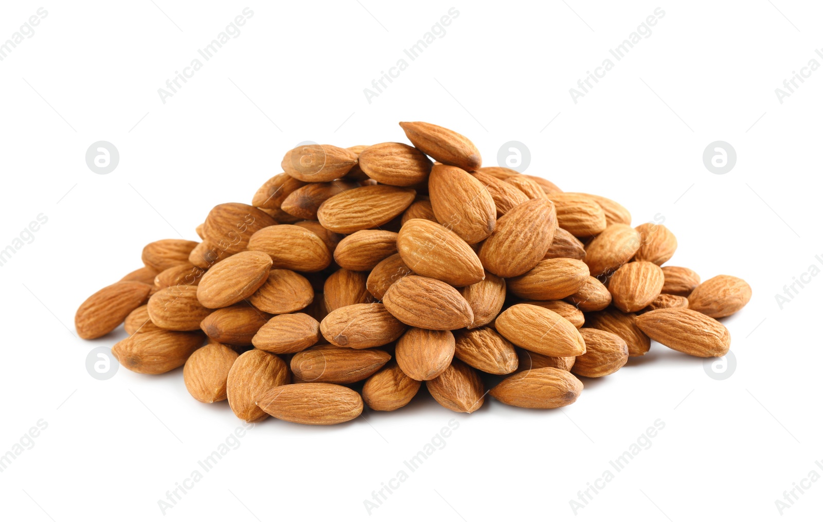 Photo of Pile of organic almond nuts on white background. Healthy snack