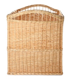 Photo of Decorative wicker basket with handles isolated on white