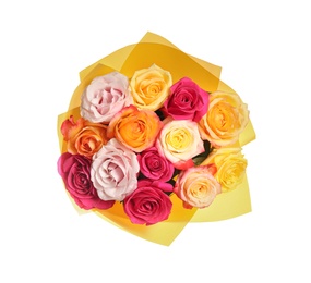 Photo of Luxury bouquet of fresh roses isolated on white, top view