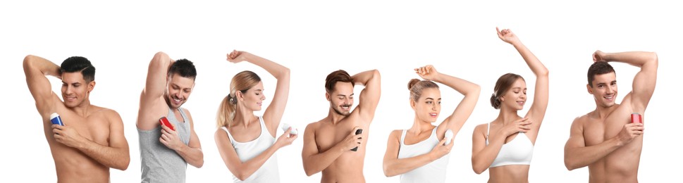Collage with photos of people applying deodorants to armpits on white background. Banner design