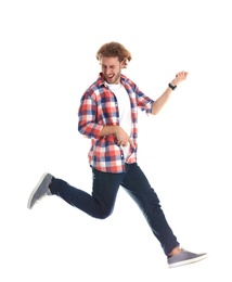 Photo of Young man playing air guitar on white background