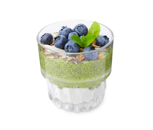 Photo of Tasty matcha chia pudding with oatmeal and blueberries on white background. Healthy breakfast