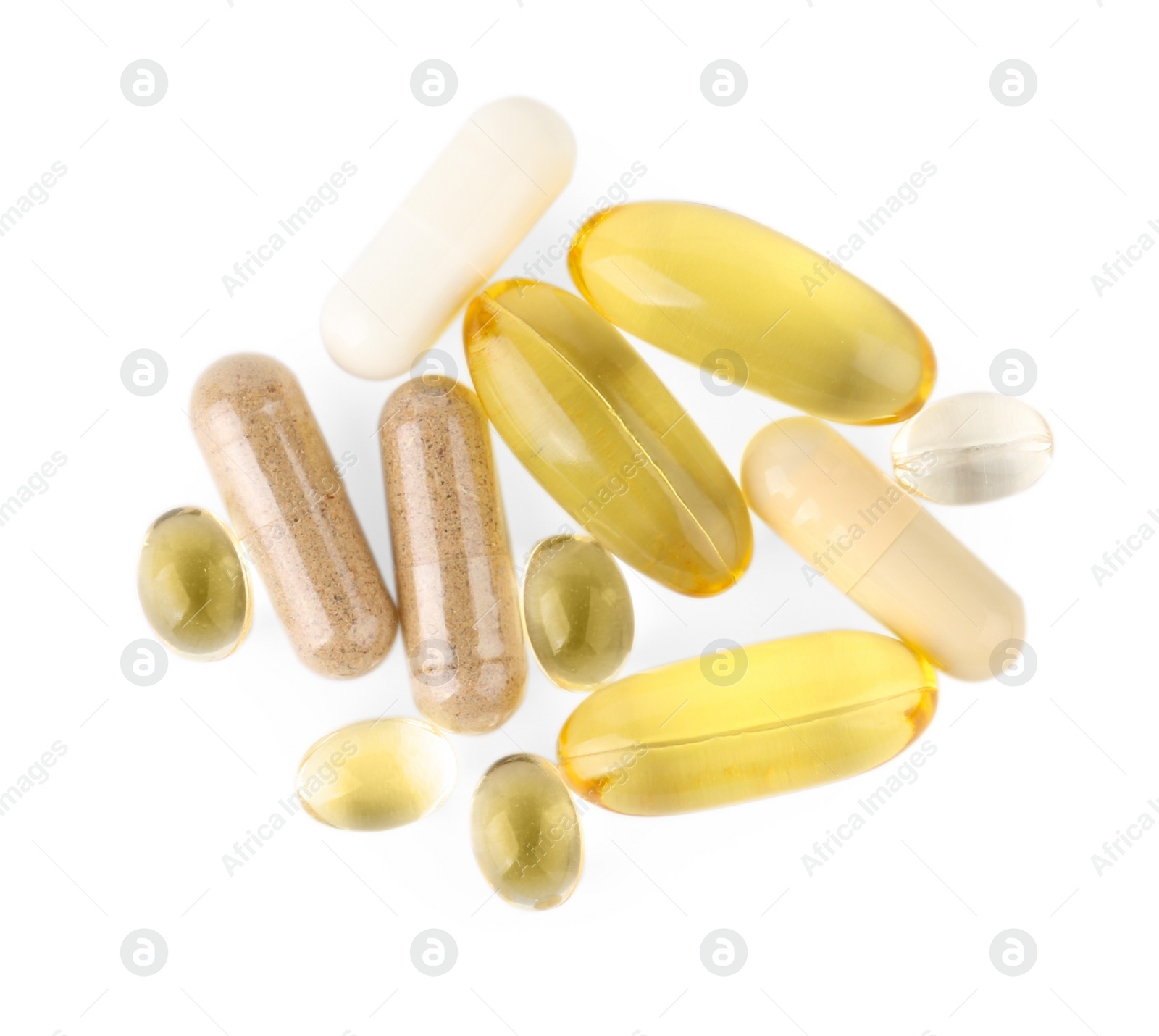 Photo of Different vitamin capsules isolated on white, top view