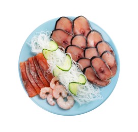 Photo of Set with raw salmon, mackerel slices and shrimps served with cucumber and funchosa isolated on white, top view