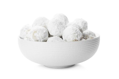 Photo of Tasty Christmas snowball cookies in bowl isolated on white