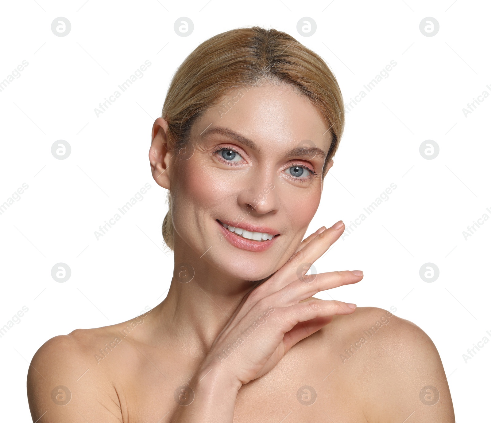 Photo of Beautiful woman with healthy skin on white background