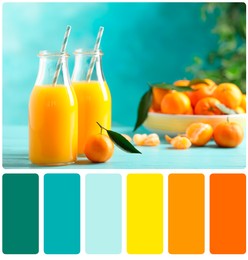Image of Color matching palette. Bottles of fresh tangerine juice on blue wooden background