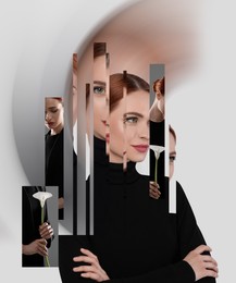 Image of Hallucinations. Woman on white background, distorted image