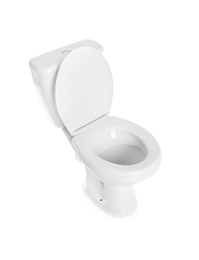Photo of New ceramic toilet bowl on white background