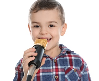 Photo of Cute funny boy with microphone on white background