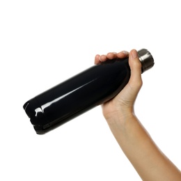 Photo of Woman holding black thermos bottle on white background, closeup
