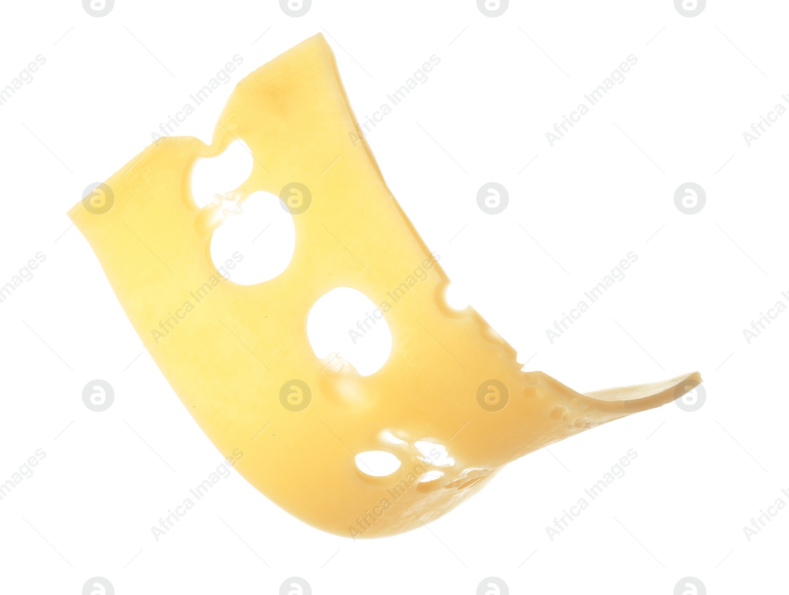 Photo of Slice of tasty cheese on white background