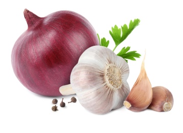 Image of Mix of fresh garlic and onion on white background