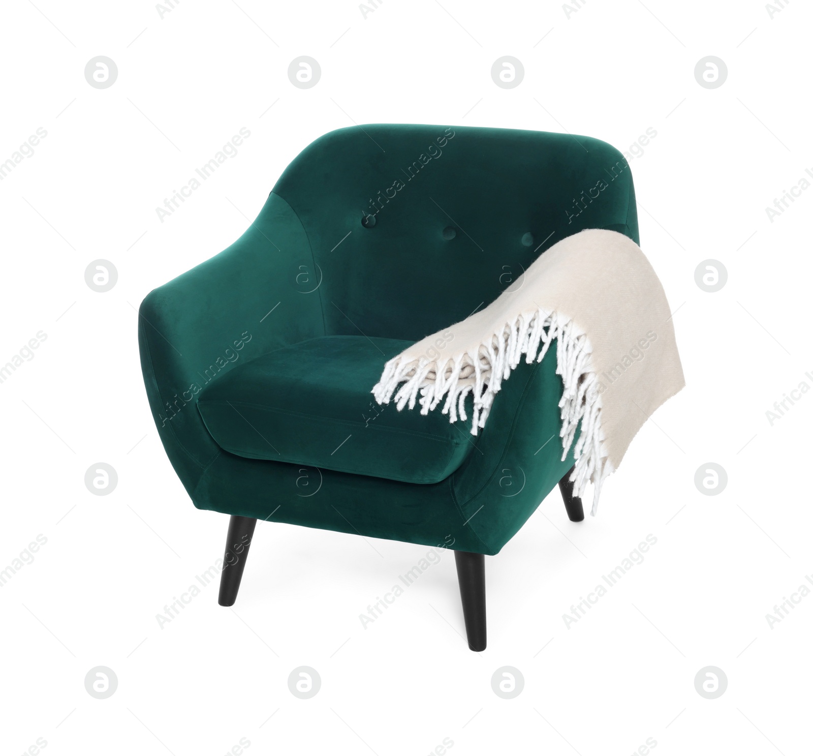 Photo of One stylish comfortable armchair with blanket isolated on white