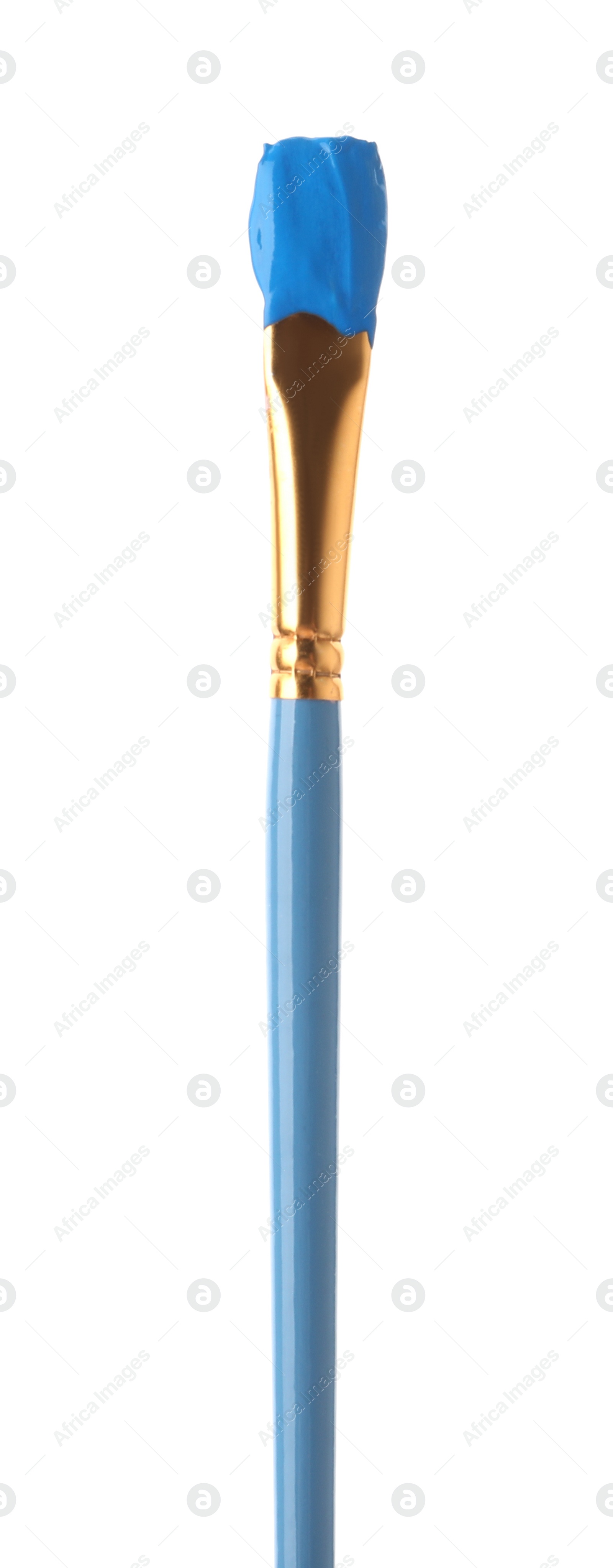 Photo of Brush with light blue paint isolated on white