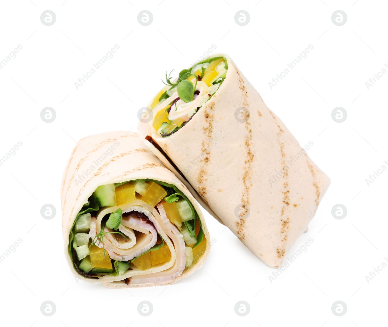 Photo of Delicious sandwich wraps with fresh vegetables isolated on white