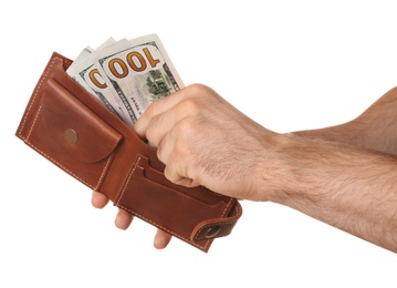 Photo of Man with wallet and dollar bills on white background, closeup