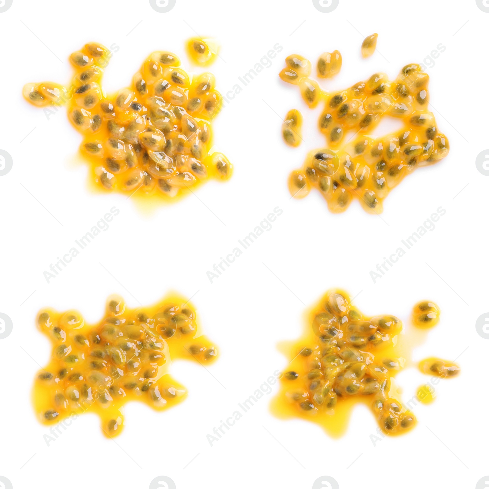 Image of Set with passion fruit seeds on white background, top view