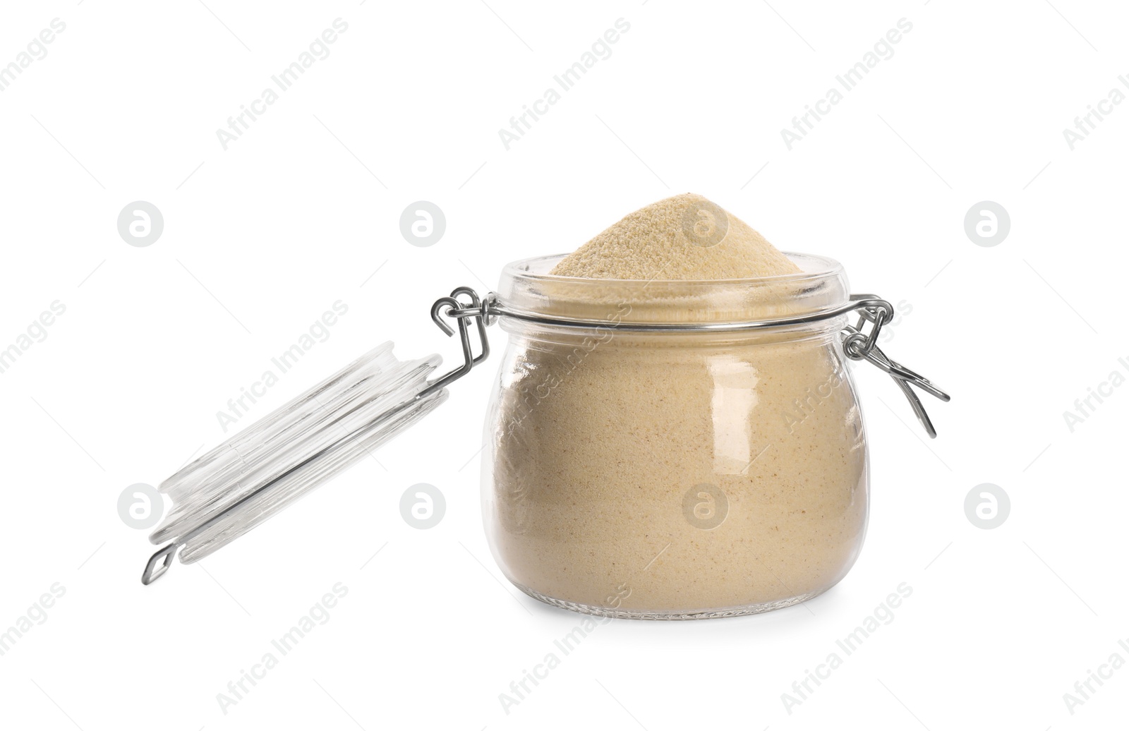 Photo of Uncooked organic semolina in jar isolated on white