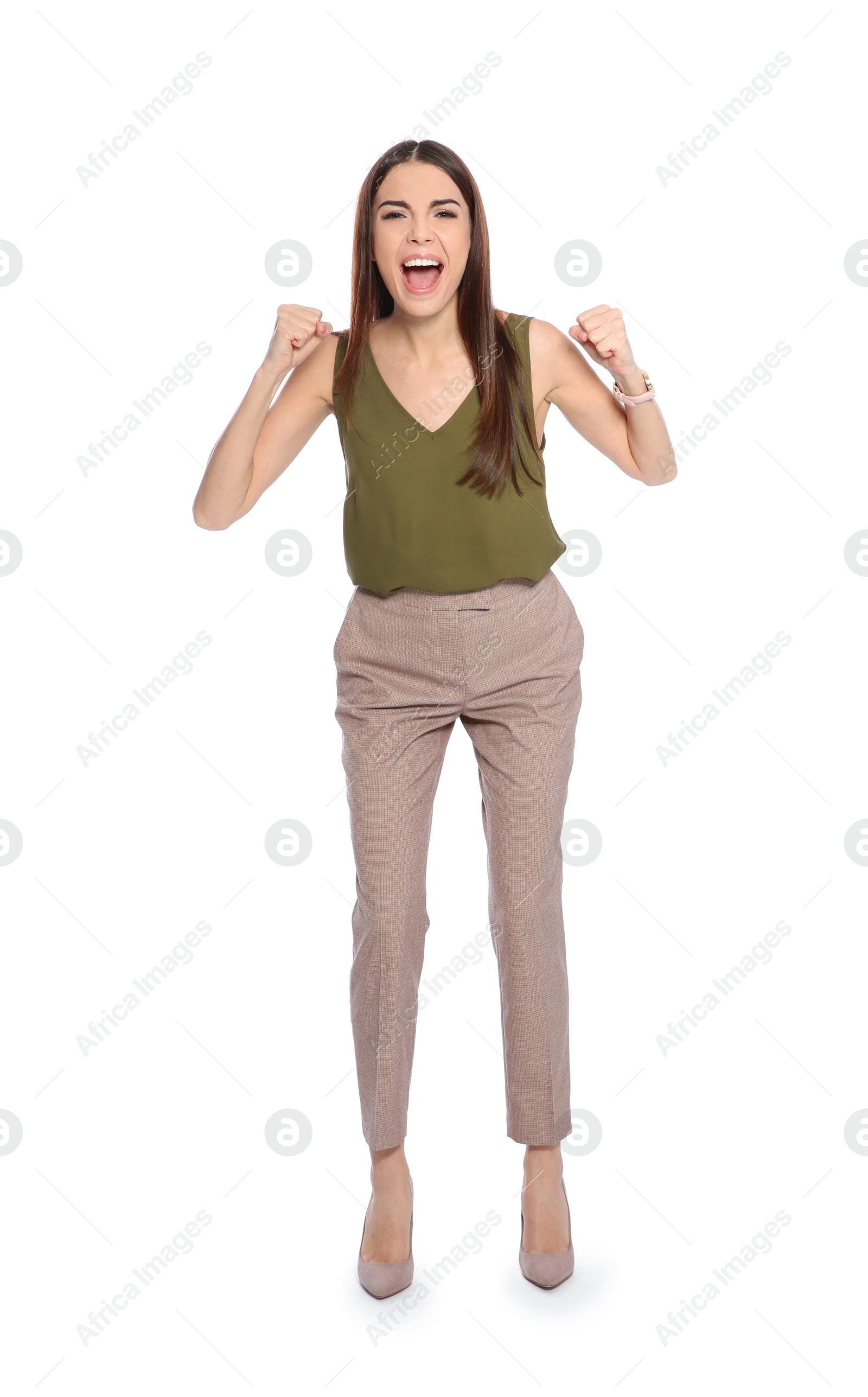 Photo of Young woman celebrating victory on white background