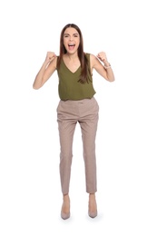 Photo of Young woman celebrating victory on white background