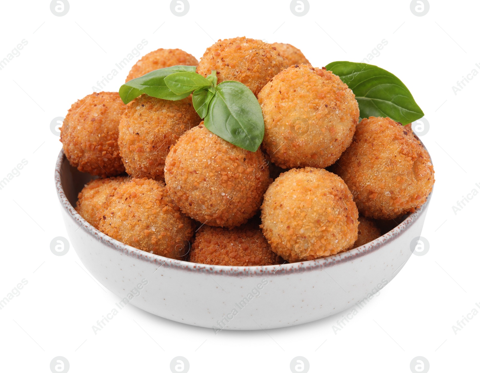 Photo of Bowl with delicious fried tofu balls and basil on white background