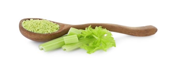 Photo of Wooden spoon of celery powder and fresh cut stalk isolated on white