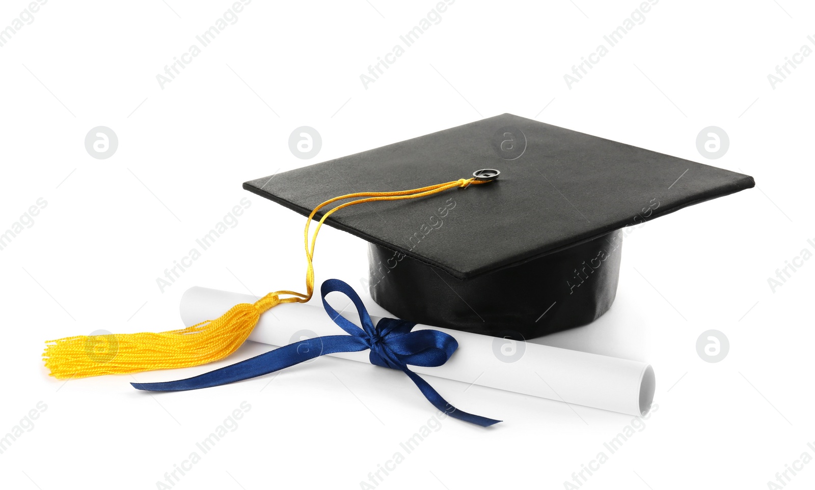 Photo of Graduation hat and diploma on white background