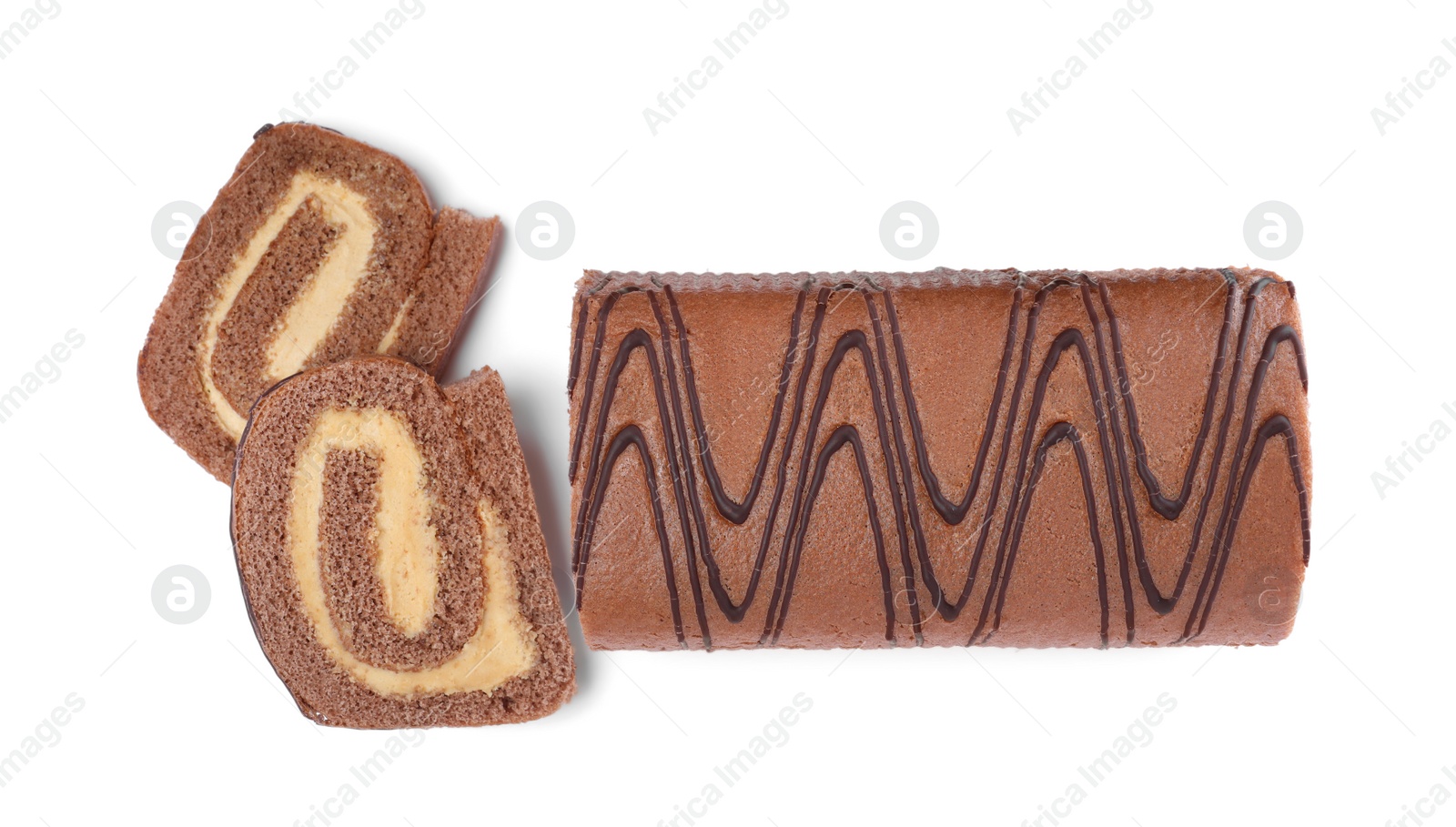 Photo of Tasty chocolate cake roll with cream on white background, top view