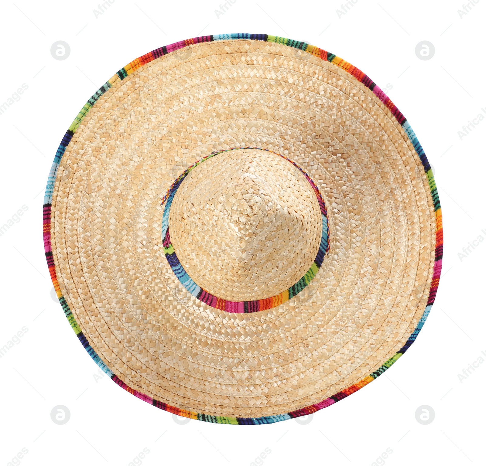 Photo of One Mexican sombrero hat isolated on white, top view